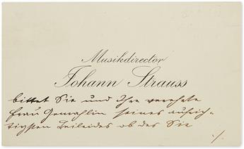 STRAUSS, JOHANN. Autograph Note Signed, Strauss, to You and your dear wife, in German, on the recto and verso of his printed visi